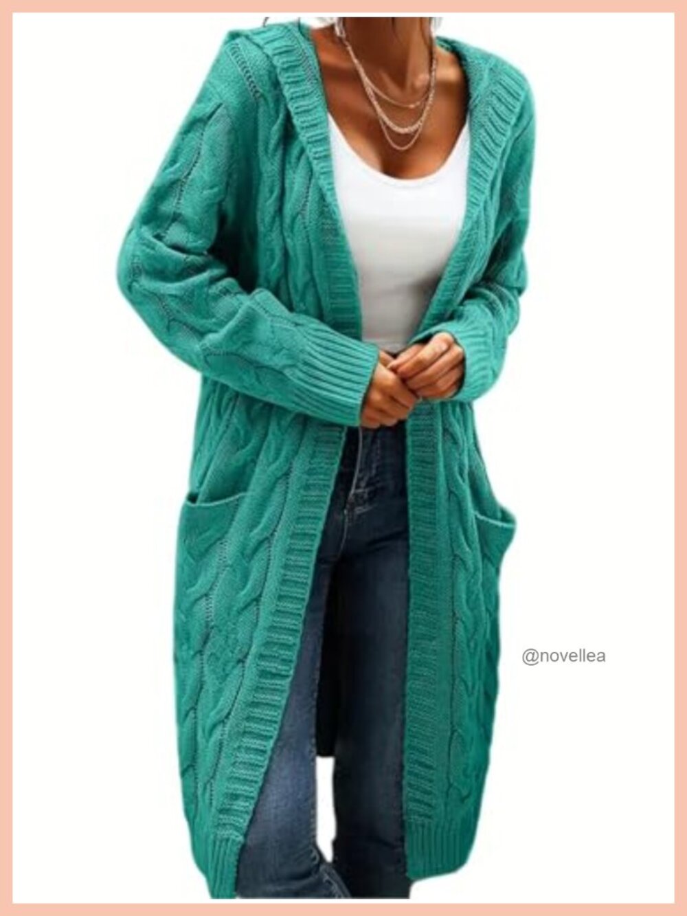 Women's Long Cable Knit Open Front Cardigan Sweater with Pockets